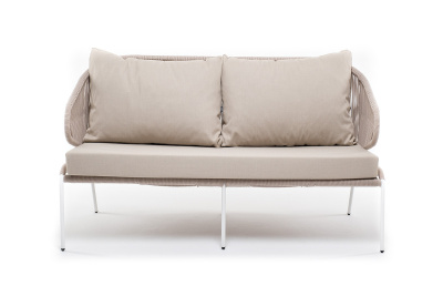 "Милан" диван 2-местный плетеный из роупа, каркас алюминий белый муар, роуп бежевый круглый, ткань бежевая 035