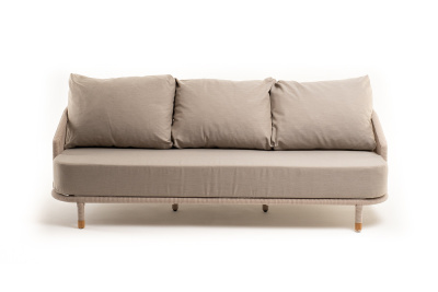 "Верона" диван 3-местный плетеный из роупа, каркас алюминий белый муар, роуп бежевый круглый, ткань бежевая 052